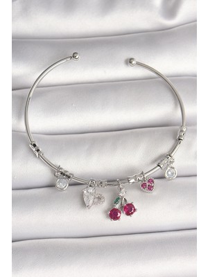 Ayder Timya Pirinç Gümüş Renk Sallantı Kiraz Figür Kalp Detay Charm Kadın Bileklik - TJ-BB6901 TG/Tmya1395 220697
