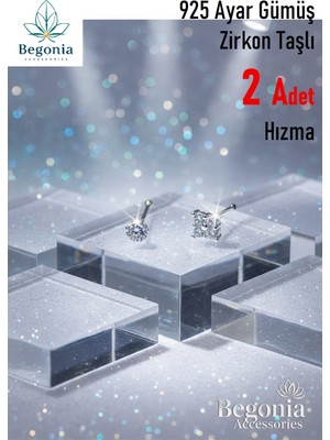 Begonia Accessories 925 Ayar Gümüş Zirkon Taşlı, Tek Taş ve Kare Tek Taş 2 Adet Hızma Set, Küpe Olarak Kullanıma Uygundur
