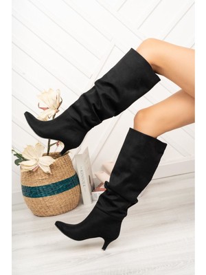 Arda Kadın ÇIZMESR-2001 Siyah Süet Körüklü Ince Topuklu Günlük Bayan Çizme