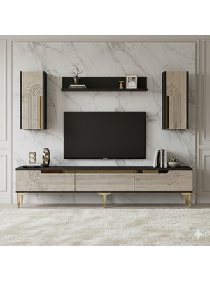 Yumedi Design TVR1803ATG - Dünya Tv Ünitesi Takımı 180CM Antrasit-Traverten-Gold