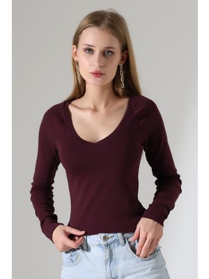 Modaplaza Kadın Geniş V Yaka Uzun Kol Bluz 21948
