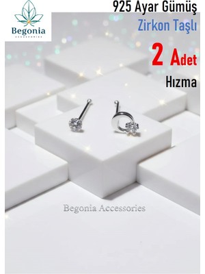 Begonia Accessories 925 Ayar Gümüş Zirkon Taşlı, Tek Taş ve Ay Yıldız Figürlü 2 Adet Hızma Set, Küpe Olarak Kullanıma Uygundur