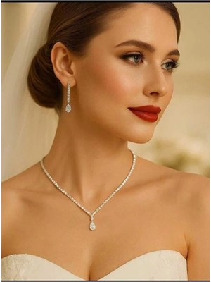 Shopidik Zirkon Taşlı Su Yolu Gelin Kolyesi ve Küpe Düğün Seti