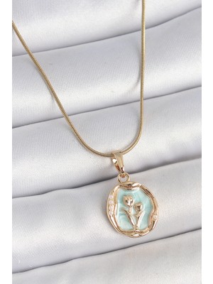 Ayder Timya 316L Çelik Gold Renk Zincir Turkuaz Mineli Çiçek Işlemeli Portre Model Kadın Kolye - TJ-BKO10166 TG/TMYA1395 221309