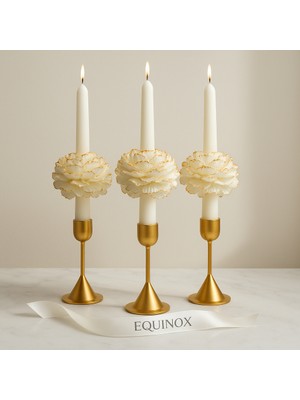 Equinox El Yapımı Dekoratif Mum 3’lü Gold Şakayık Detaylı Beyaz Renkli Zarif Tasarım