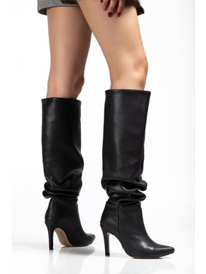 Arda Kadın ÇIZMESYT-2003  Siyah Körüklü Ince Topuklu Günlük Bayan Çizme