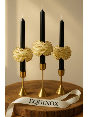 Equinox Mum (Sadece Mum) 3lü Siyah Şamdan Mumunda Gold Işıltılı Şakayık Çiçeği |dekoratif|