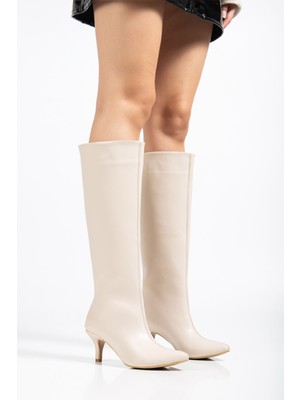 Arda Bayan ÇIZMESYT-2025 Bej Kırışık Rugan Günlük Kadın Çizme