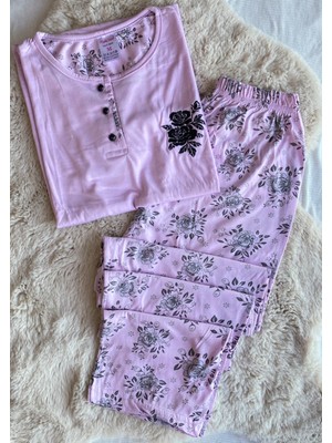 Deniz Home Wear Pamuk Penye Kısa Kollu Çiçek Desenli Kadın Pijama Takımı