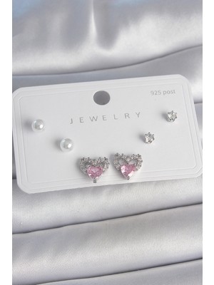 Ayder Timya Pirinç Gümüş Renk Pembe Zirkon Taşlı Kalp Model İnci Detay 925 Ayar Gümüş Çivi Kadın Küpe Seti - TJ-BKP10489 TG/Tmya1395 221052