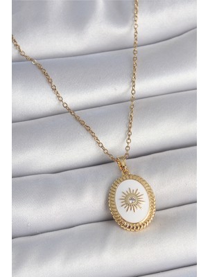 Ayder Timya 316L Çelik Gold Renk Zincir Beyaz Mineli Güneş İşlemeli Zirkon Taş Detaylı Madalyon Model Kadın Kolye - TJ-BKO10055 TG/Tmya1395 221099