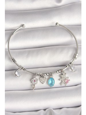 Ayder Timya Pirinç Gümüş Renk Sallantı Zirkon Taşlı Ayıcık Figür Çiçek Detay Charm Kadın Bileklik - TJ-BB6908 TG/Tmya1395 220704