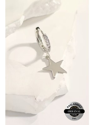 Lynare Delikli Zirkon Taşlı Yıldız Model Sallantılı Erkek/kadın Halka Küpe 1 Adet