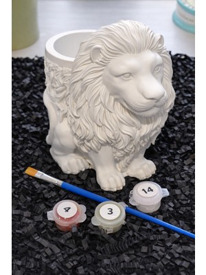 Denic Taş Boyama Seti-Aslan Kıral-Boya-Fırça- Kalemlik-Biblo- Çok Amaçlı Dekoratif Obje