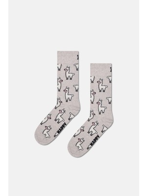 Happy Socks - Erkek Gri Lama Desenli Pamuklu Çorap