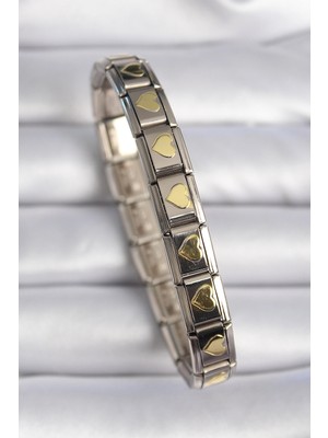 LaraTech 316L Çelik Gümüş Renk Gold Kalp Işleme Nomination Charm Bileklik