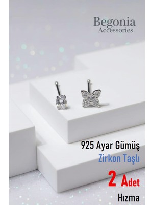 Begonia Accessories 925 Ayar Gümüş Zirkon Taşlı, Tek Taş ve Kelebek Figürlü 2 Adet Hızma Set, Küpe Olarak Kullanıma Uygundur