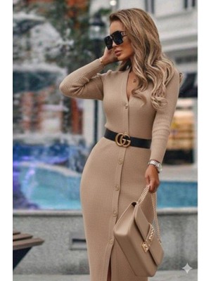La Mode Istanbul Kadın Uzun Kollu Düğme Detay Örme Kaşkorse Kumaş Kemer Dahil Maxi Boy Elbise
