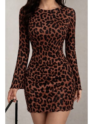 Nidam Butik Kadın Uzun Kollu Bisiklet Yaka Leopar Desenli Dalgıç Mini Elbise