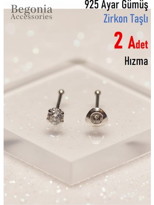 Begonia Accessories 925 Ayar Gümüş Zirkon Taşlı, Tek Taş ve Kelebek Figürlü 2 Adet Hızma Set, Küpe Olarak Kullanıma Uygundur