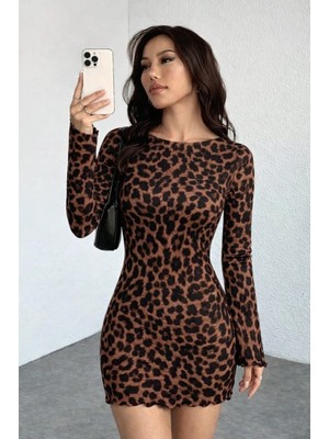 Nidam Butik Kadın Uzun Kollu Bisiklet Yaka Leopar Desenli Dalgıç Mini Elbise