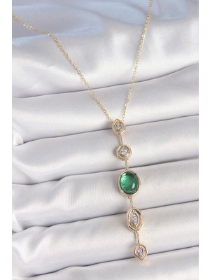 Ayder Timya Pirinç Zincir Zümrüt Yeşil Gold Renk Zirkon Taşlı Y Kolye - TJ-BKO10229 TG/TMYA1395 221890