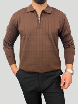 Havanna Premium Kalite Yakalı Fermuarlı Triko Kazak - Kahverengi