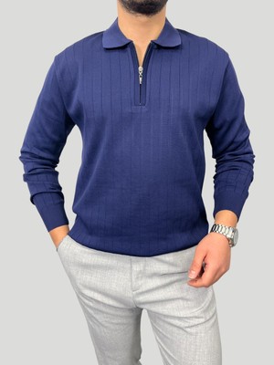 Havanna Premium Kalite Yakalı Fermuarlı Triko Kazak - Lacivert