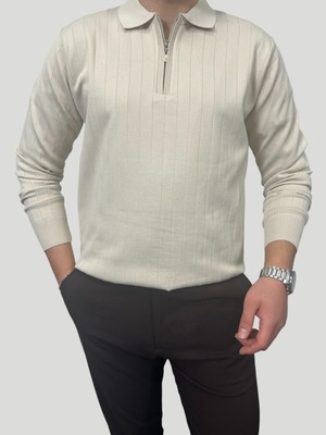 Havanna Premium Kalite Yakalı Fermuarlı Triko Kazak - Krem