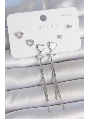 Pirinç Gümüş Sallantı Beyaz Mineli Kalp Model Zirkon Taşlı Kalp Detay 925 Ayar Gümüş Çivi