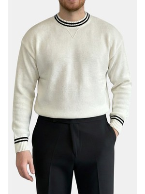 Havanna Premium Kalite Yaka Detaylı Sık Dokuma Örgü Kazak - Beyaz