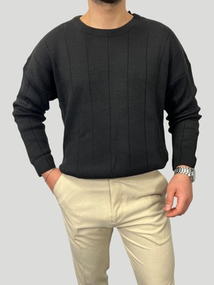 Havanna Erkek Oversize Çizgili Triko Bisiklet Yaka Kazak - Siyah