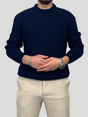 Havanna Premium Kalite  Selanik Örme Fitilli Triko Kazak - Lacivert