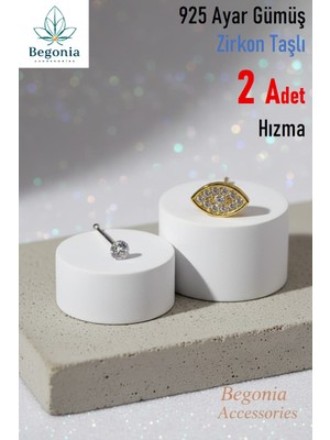 Begonia Accessories  925 ayar gümüş zirkon taşlı, tek taş ve 24 ayar altın kaplama 2 adet hızma set, küpe olarak kullanıma uygundur