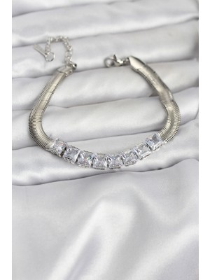 316L Çelik Gümüş Renk Kare Zirkon Taşlı Yılan Zincirli Kadın Bileklik