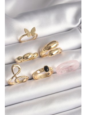 Pirinç Gold Renk Kelebek Figür Sarmal Model 6'lı Kadın Yüzük Seti