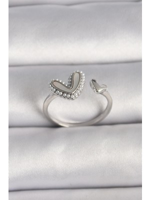 Pirinç Gümüş Renk Beyaz Mineli Inci Detaylı Kalp Model Ayarlanabilir Yüzük