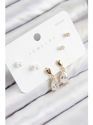 Ayder Timya Pirinç Zirkon Taşlı Sallantılı Damla Model Gold Renk 925 Ayar Gümüş Çivi Kadın Küpe Set - TJ-BKP11172 TG/Tmya1395 224507