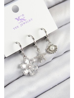 Ayder Timya Pirinç Zirkon Taşlı 3'lü Çiçek Ve İstiridye Model Gümüş Renk Kadın Küpe - TJ-BKP11129 TG/Tmya1395 224464