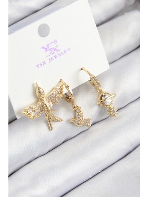 Ayder Timya Pirinç Zirkon Taşlı 3'lü Kuş Model Gold Renk Kadın Küpe - TJ-BKP11133 TG/Tmya1395 224468