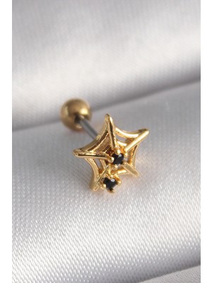 Esranın Dünyası 316L Çelik Gold Renk Siyah Zirkon Taş Detay Örümcek Ağ Model Tragus Piercing (Esr-Dns)