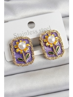 Ayder Timya Pirinç Mor Mineli Papatya Figürlü Sanatsal Portre Model Gold Renk Kadın Küpe - TJ-BKP10688 TG/TMYA1395 222220