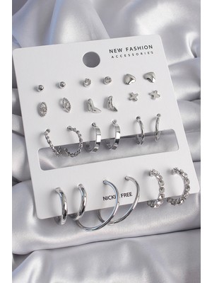 Esranın Dünyası Pirinç Gümüş Renk 12 Çift Kadın Küpe Seti (Esr-Dns)