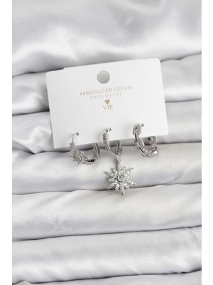 SHC4200 Bfs Pirinç Gümüş Renk Kutup Yıldızı Model 3'lü Kadın Küpe Seti