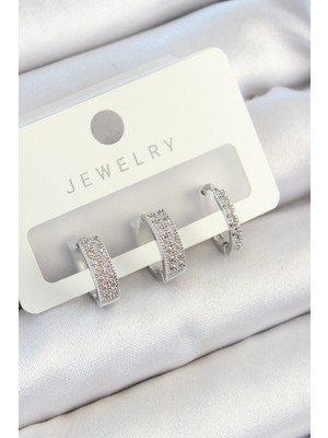 Ayder Timya Pirinç Zirkon Taşlı Halka Model Gümüş Renk 3'lü Çift Kadın Küpe Set - TJ-BKP10810 TG/Tmya1395 222878