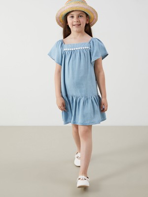 Lc Waikiki Yeni Sezon Çiçek Nakışlı Kız Çocuk Jean Elbise