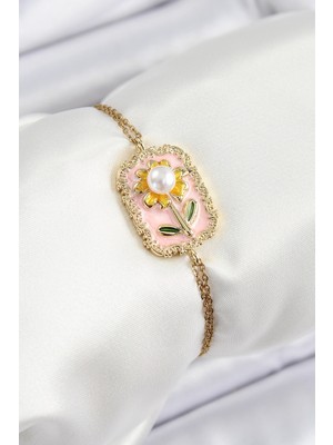 Ayder Timya 316L Çelik Zincir Pembe Mineli Sanatsal Portre Inci Detaylı Papatya Model Gold Renk Kadın Bileklik - TJ-BB7232 TG/TMYA1395 222610