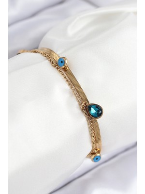 Ayder Timya 316L Çelik Nazar Boncuk Detaylı Mavi Zirkon Taşlı Model İtalyan Zincir Gold Renk Kadın Bileklik - TJ-BB7828 TG/Tmya1395 224879