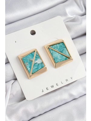 SHC4200 Bfs Pirinç Turkuaz Üçgen Kesim Detaylı Kare Model Gold Renk Kadın Küpe