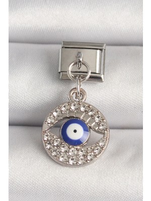 LaraTech 316L Çelik Gümüş Renk Zirkon Taşlı Göz Model Nazar Boncuk Detay Nomination Charm